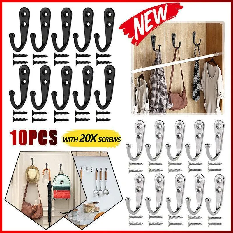 10X Stainless Steel Wall Hooks for Coats Hats or Robes