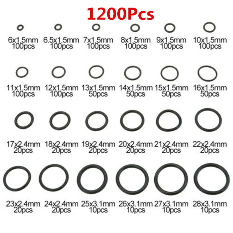1200PCS 24 Different Sizes O Ring Seal Ring Kit Rubber Thickness 1/1.5mm Nitrile Rubber O-Ring Gasket Sealing Ring Waterproof O Ring Rubber
