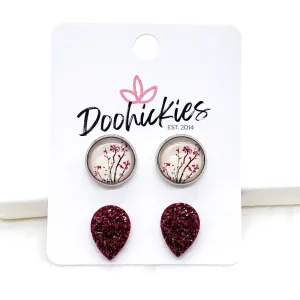 12mm Cherry Blossom & Burgundy Teardrops in Stainless Steel Settings -Fall Stud Earrings