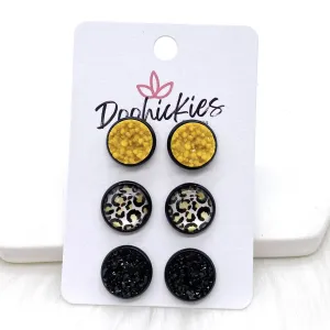 12mm Mustard/Mustard Leopard/Black in Black Settings -Fall Stud Earrings