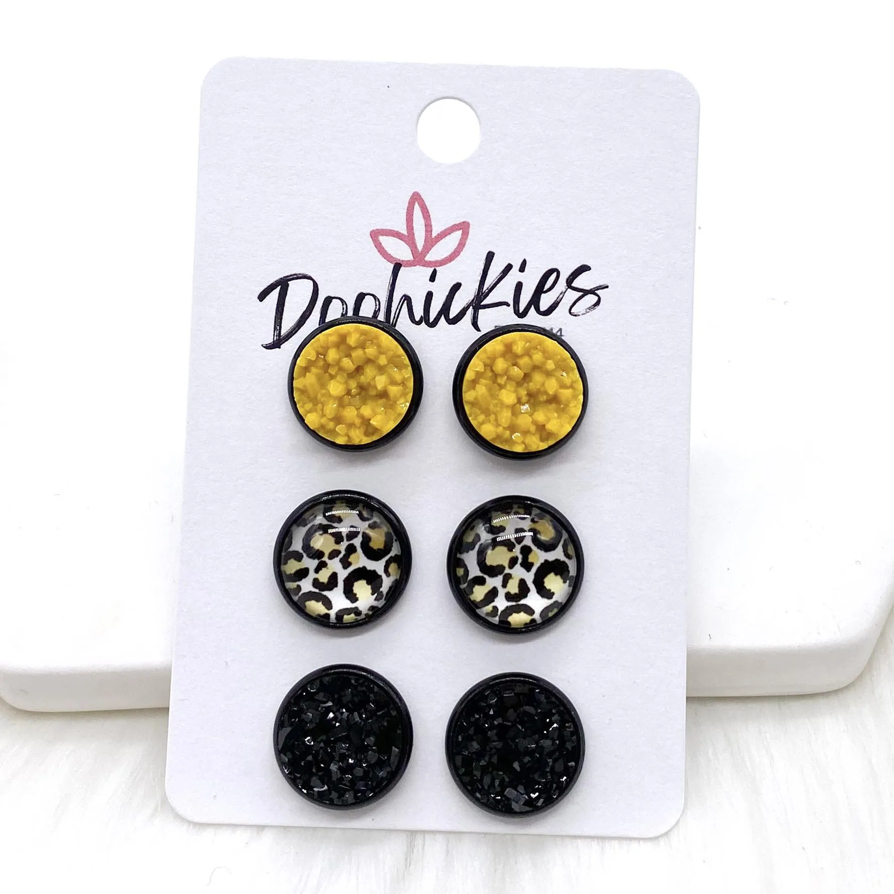 12mm Mustard/Mustard Leopard/Black in Black Settings -Fall Stud Earrings