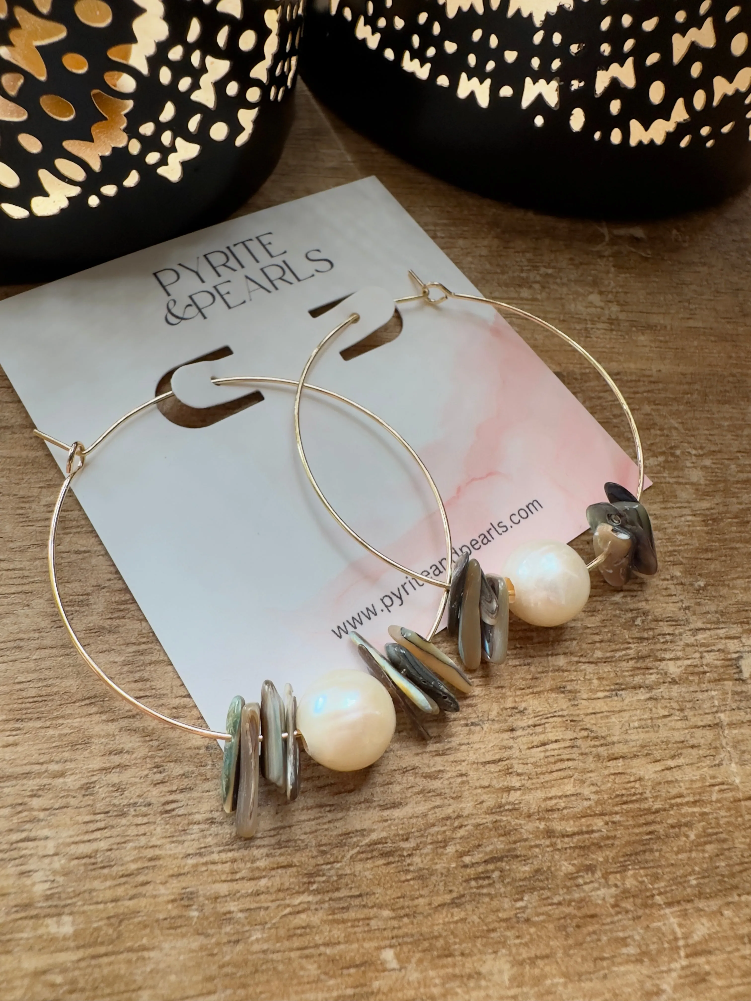 14k Gold Filled Hoops with alablone shell and Floating pearl