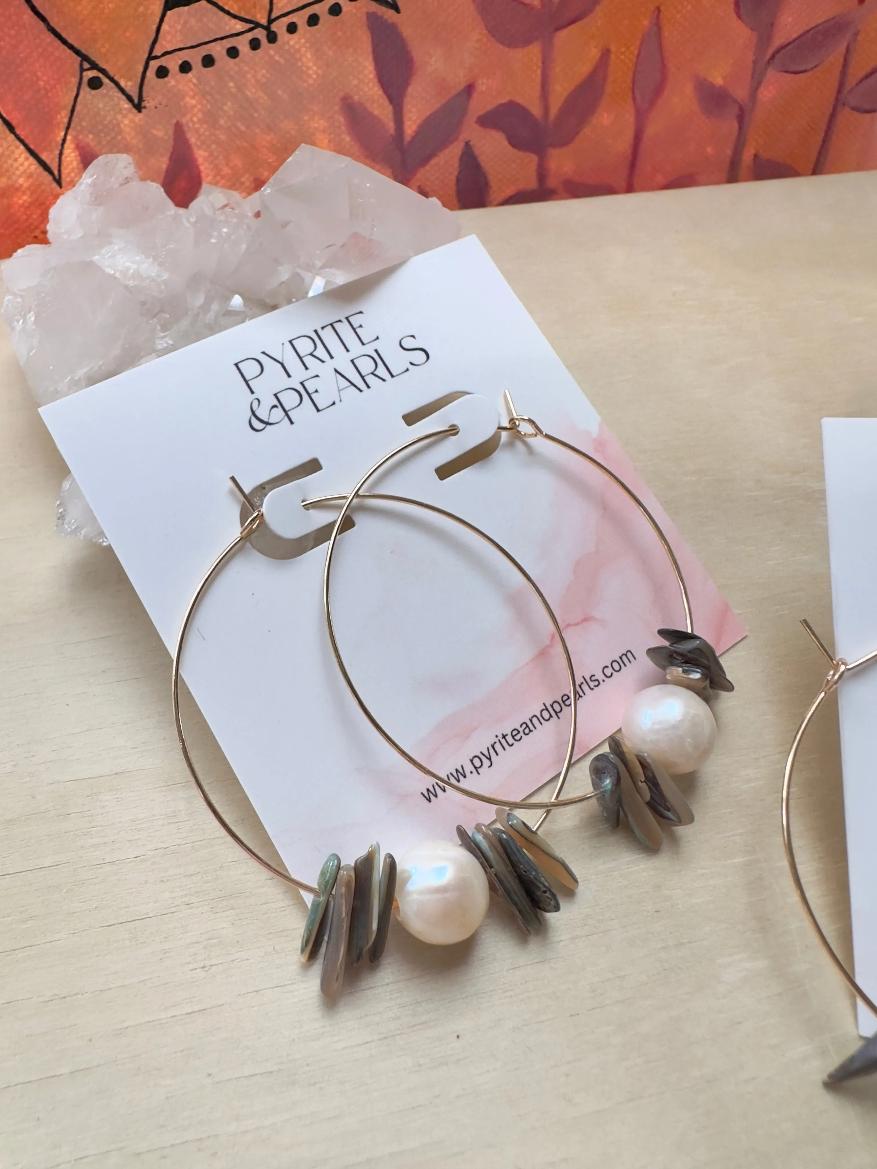 14k Gold Filled Hoops with alablone shell and Floating pearl