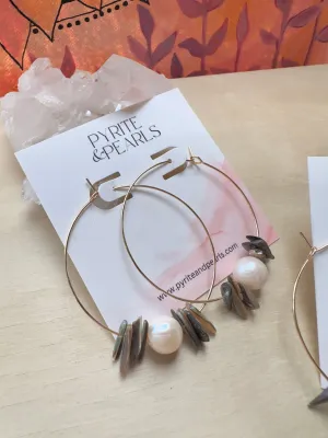 14k Gold Filled Hoops with alablone shell and Floating pearl