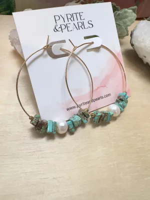 14k Gold Filled Hoops with blue African turquoise chips and Floating pearl