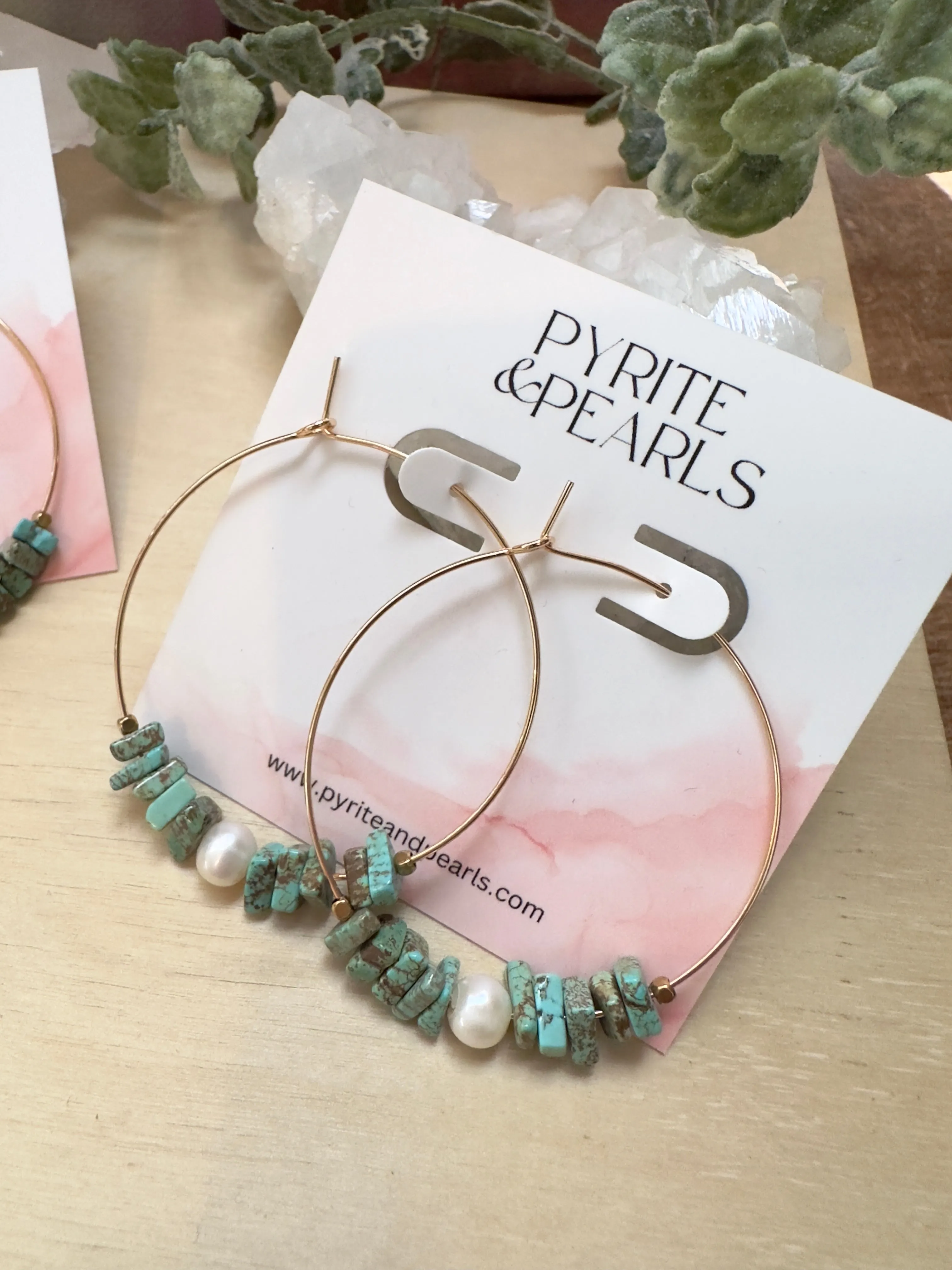 14k Gold Filled Hoops with blue African turquoise chips and Floating pearl