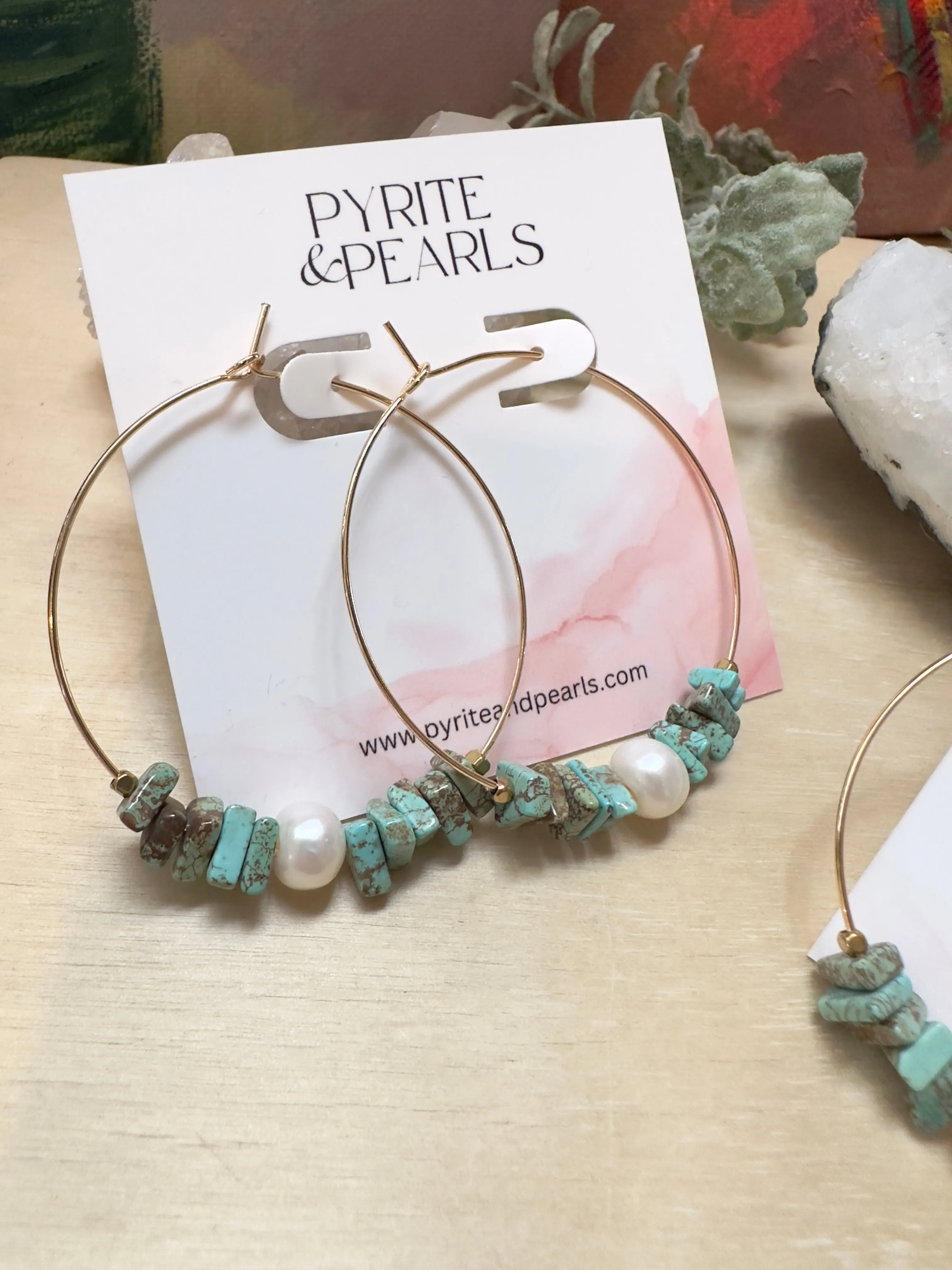 14k Gold Filled Hoops with blue African turquoise chips and Floating pearl