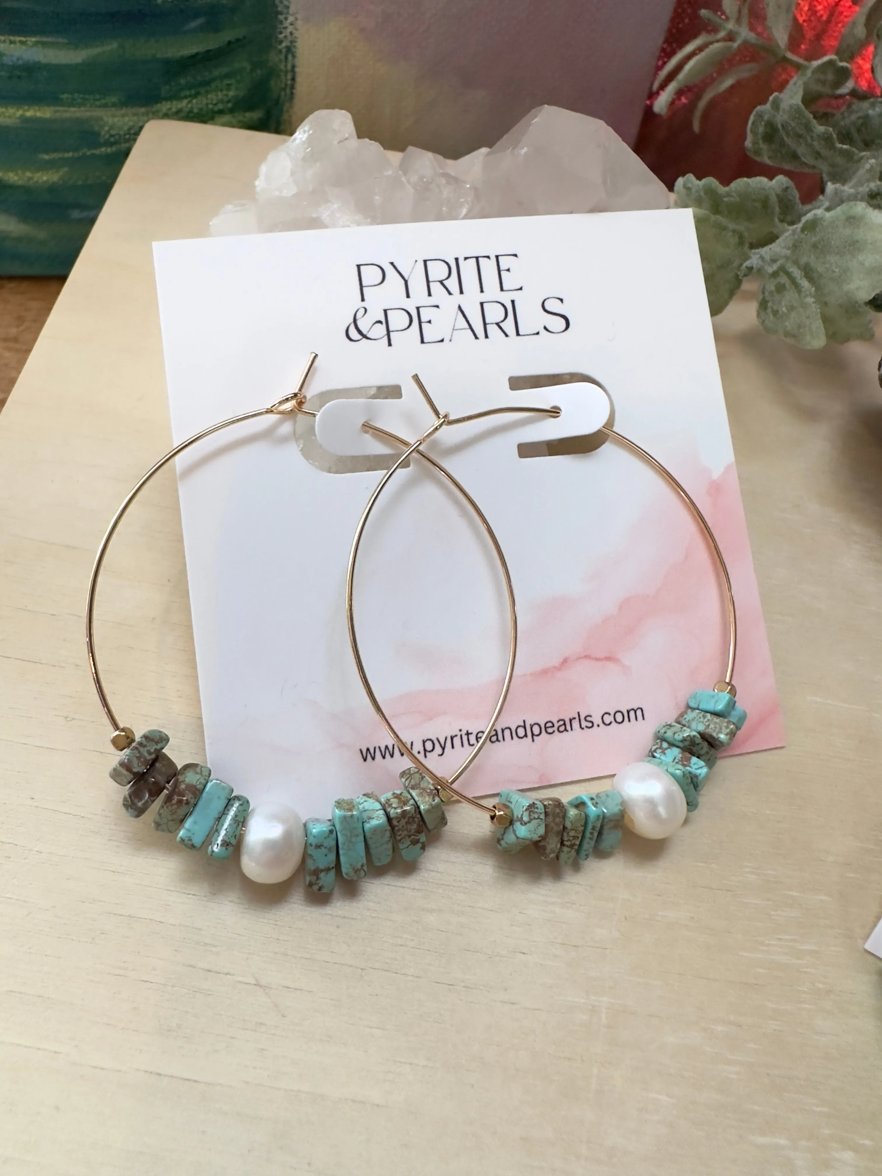 14k Gold Filled Hoops with blue African turquoise chips and Floating pearl