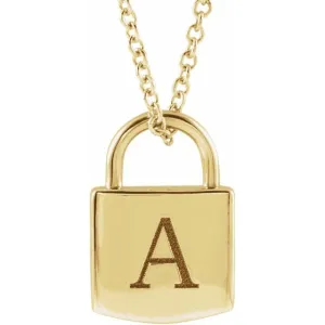 14K Yellow Gold 12.02x8 mm Engravable Initial Lock Pendant 16-18" Necklace