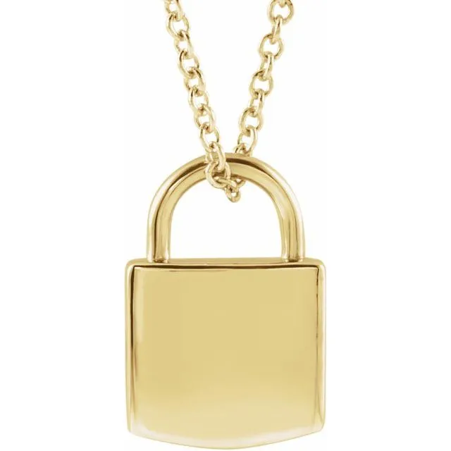 14K Yellow Gold 12.02x8 mm Engravable Initial Lock Pendant 16-18" Necklace