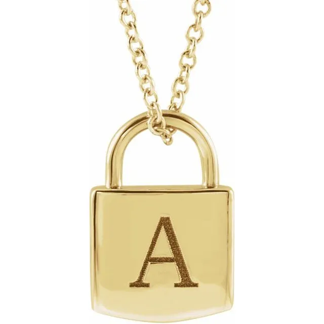 14K Yellow Gold 12.02x8 mm Engravable Initial Lock Pendant 16-18" Necklace