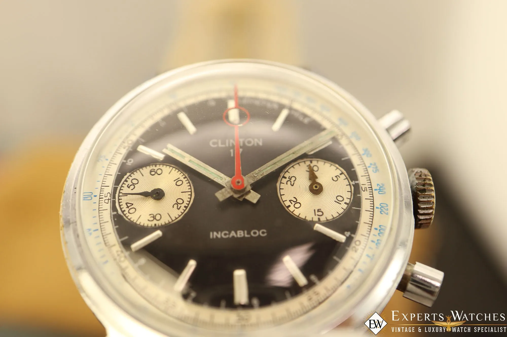 1970's Vintage Clinton 17 Watch Co France Chronograph Valjoux 7733 Panda Dial