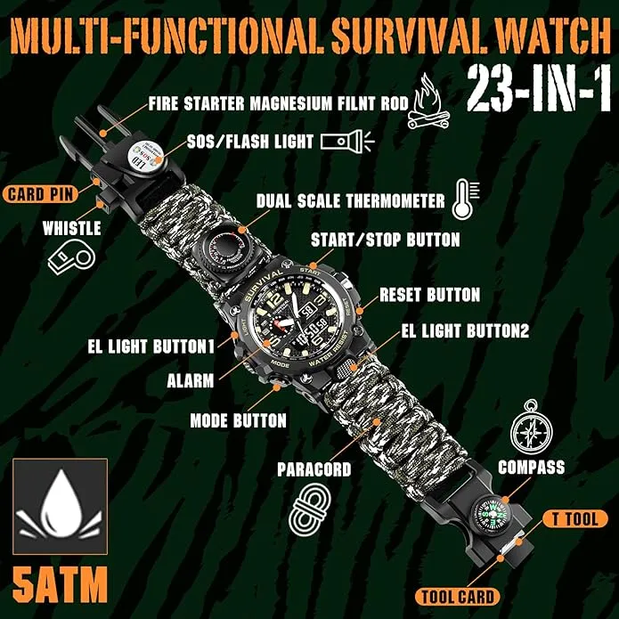 23-in-1 Military Tactical Watch for Men, Multifunctional Outdoors Waterproof Survival Watches with Compass Whistle Fire Starter and Thermometer, Paracord Watch Bracelets with Outdoor Army Gear…