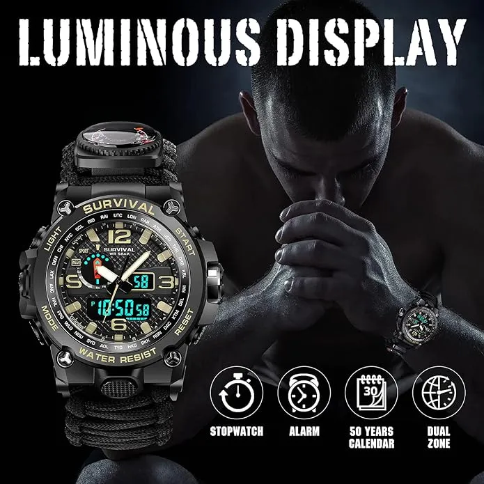 23-in-1 Military Tactical Watch for Men, Multifunctional Outdoors Waterproof Survival Watches with Compass Whistle Fire Starter and Thermometer, Paracord Watch Bracelets with Outdoor Army Gear…