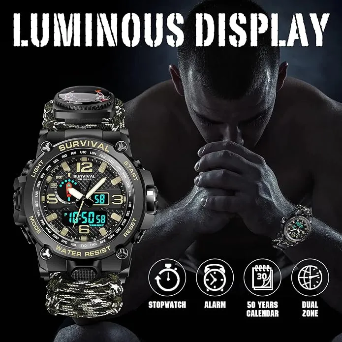 23-in-1 Military Tactical Watch for Men, Multifunctional Outdoors Waterproof Survival Watches with Compass Whistle Fire Starter and Thermometer, Paracord Watch Bracelets with Outdoor Army Gear…