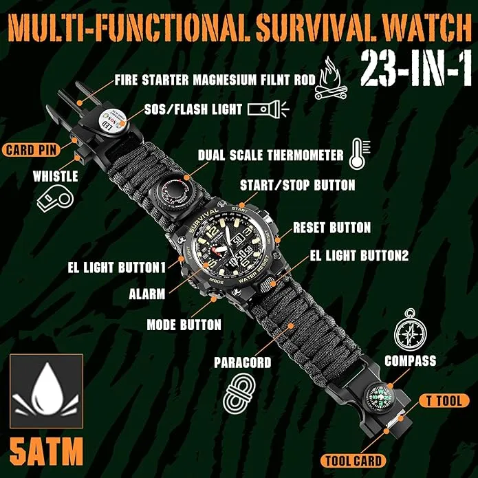 23-in-1 Military Tactical Watch for Men, Multifunctional Outdoors Waterproof Survival Watches with Compass Whistle Fire Starter and Thermometer, Paracord Watch Bracelets with Outdoor Army Gear…