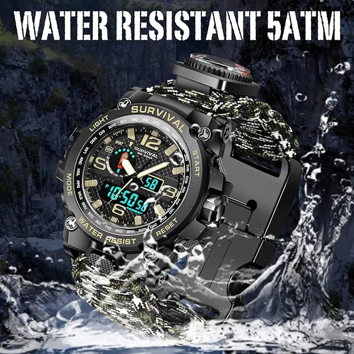 23-in-1 Military Tactical Watch for Men, Multifunctional Outdoors Waterproof Survival Watches with Compass Whistle Fire Starter and Thermometer, Paracord Watch Bracelets with Outdoor Army Gear…