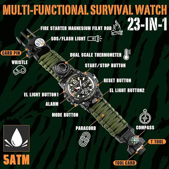 23-in-1 Military Tactical Watch for Men, Multifunctional Outdoors Waterproof Survival Watches with Compass Whistle Fire Starter and Thermometer, Paracord Watch Bracelets with Outdoor Army Gear…