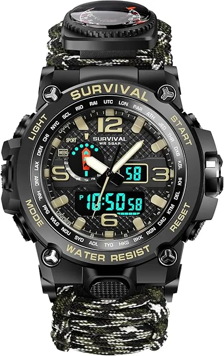 23-in-1 Military Tactical Watch for Men, Multifunctional Outdoors Waterproof Survival Watches with Compass Whistle Fire Starter and Thermometer, Paracord Watch Bracelets with Outdoor Army Gear…
