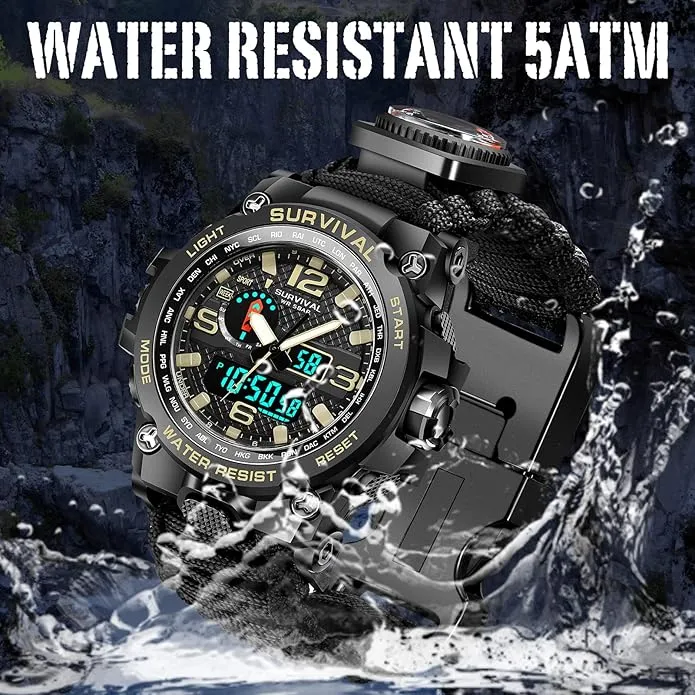 23-in-1 Military Tactical Watch for Men, Multifunctional Outdoors Waterproof Survival Watches with Compass Whistle Fire Starter and Thermometer, Paracord Watch Bracelets with Outdoor Army Gear…