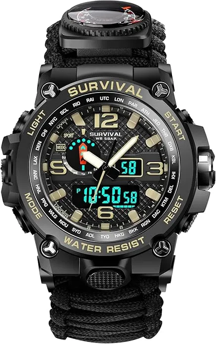 23-in-1 Military Tactical Watch for Men, Multifunctional Outdoors Waterproof Survival Watches with Compass Whistle Fire Starter and Thermometer, Paracord Watch Bracelets with Outdoor Army Gear…