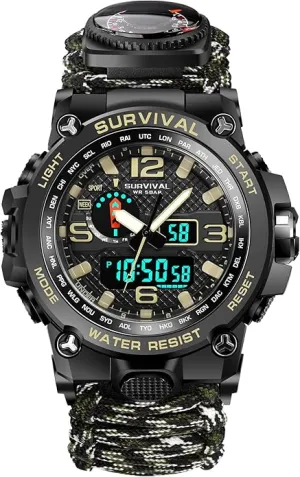 23-in-1 Military Tactical Watch for Men, Multifunctional Outdoors Waterproof Survival Watches with Compass Whistle Fire Starter and Thermometer, Paracord Watch Bracelets with Outdoor Army Gear…