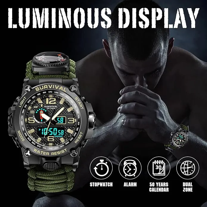 23-in-1 Military Tactical Watch for Men, Multifunctional Outdoors Waterproof Survival Watches with Compass Whistle Fire Starter and Thermometer, Paracord Watch Bracelets with Outdoor Army Gear…