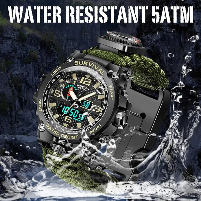 23-in-1 Military Tactical Watch for Men, Multifunctional Outdoors Waterproof Survival Watches with Compass Whistle Fire Starter and Thermometer, Paracord Watch Bracelets with Outdoor Army Gear…