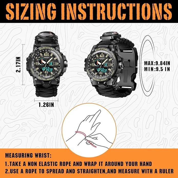 23-in-1 Military Tactical Watch for Men, Multifunctional Outdoors Waterproof Survival Watches with Compass Whistle Fire Starter and Thermometer, Paracord Watch Bracelets with Outdoor Army Gear…