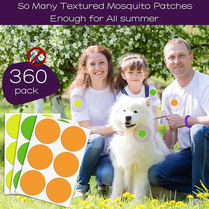 360 Pack Mosquito Stickers with 5 Pack Mosquito Bracelets for Kids and Adults - Natural Deet Free Citronella Mosquito Patches for Indoor Outdoor Traveling Camping Hiking Fishing
