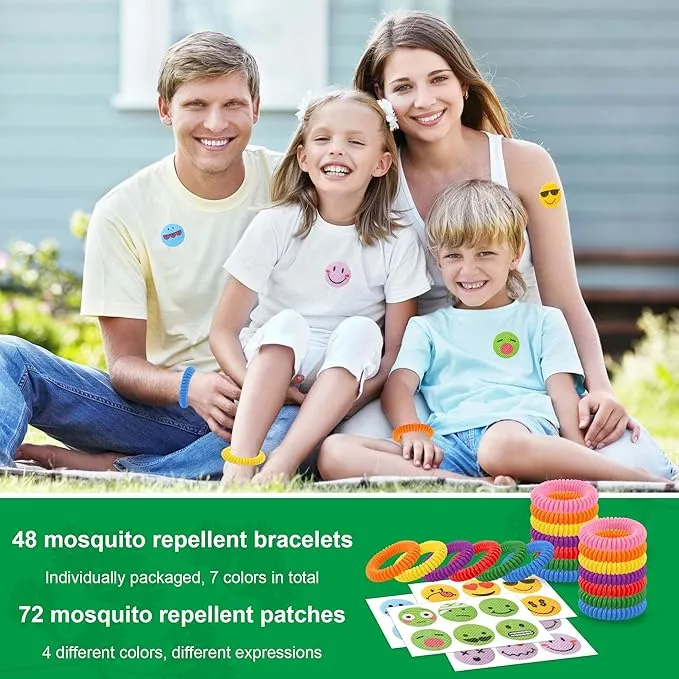 48Pack Mosquito Bracelets Bulk with 72 Pack Smile Mosquito Patches for Kids Adults, Waterproof Adjustbale Mosquito Bracelets for Outdoor and Indoor, DEET Free Citronella Mosquito Wristband