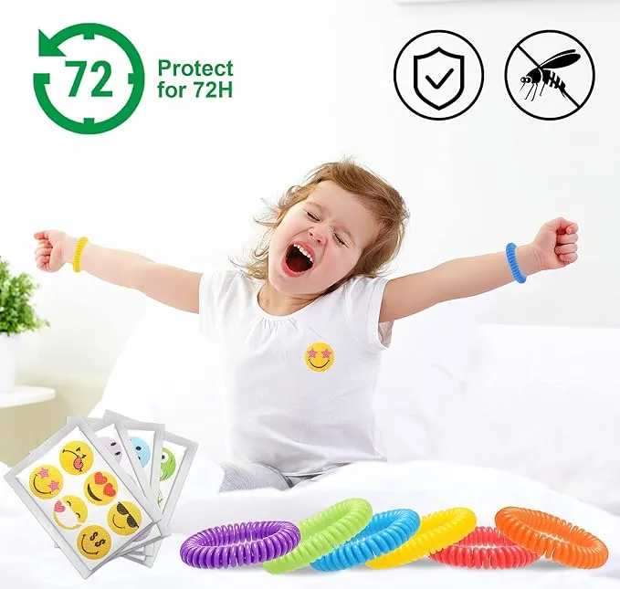 48Pack Mosquito Bracelets Bulk with 72 Pack Smile Mosquito Patches for Kids Adults, Waterproof Adjustbale Mosquito Bracelets for Outdoor and Indoor, DEET Free Citronella Mosquito Wristband