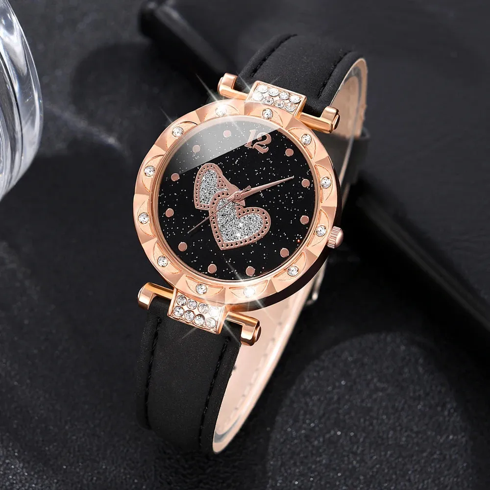 5PCS/Set Watch Set Luxury Women Watches Bracelet Ladies Quartz Wristwatch Leisure Fashion Heart-shaped Jewelry Gift For Her