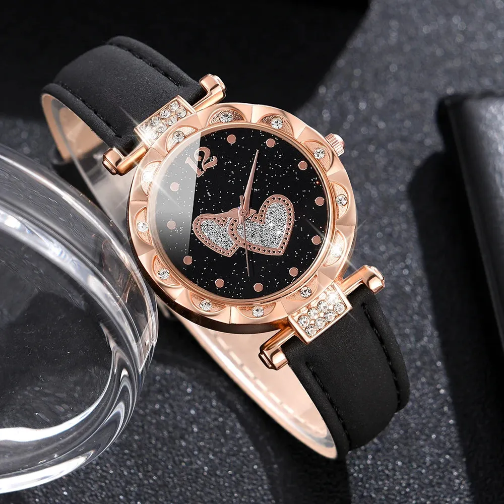 5PCS/Set Watch Set Luxury Women Watches Bracelet Ladies Quartz Wristwatch Leisure Fashion Heart-shaped Jewelry Gift For Her