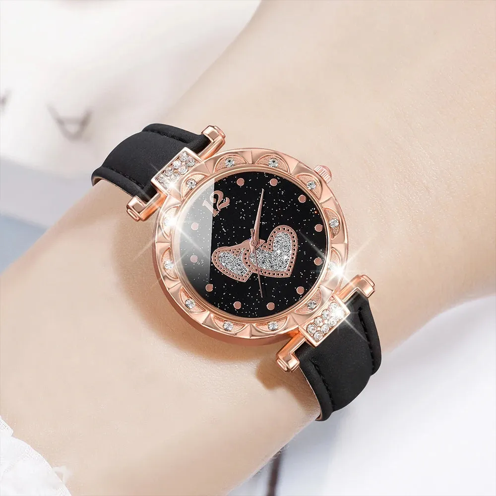 5PCS/Set Watch Set Luxury Women Watches Bracelet Ladies Quartz Wristwatch Leisure Fashion Heart-shaped Jewelry Gift For Her