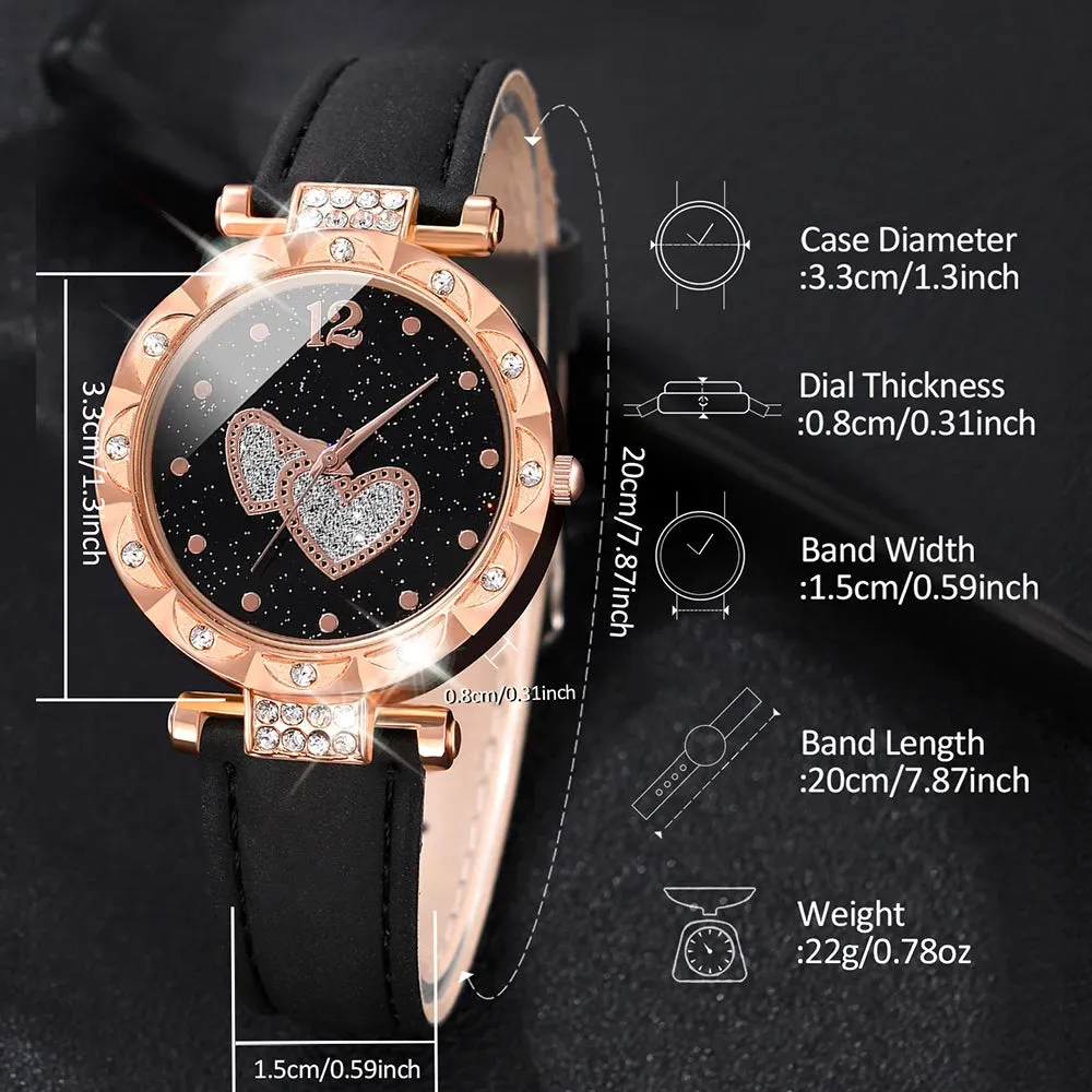 5PCS/Set Watch Set Luxury Women Watches Bracelet Ladies Quartz Wristwatch Leisure Fashion Heart-shaped Jewelry Gift For Her