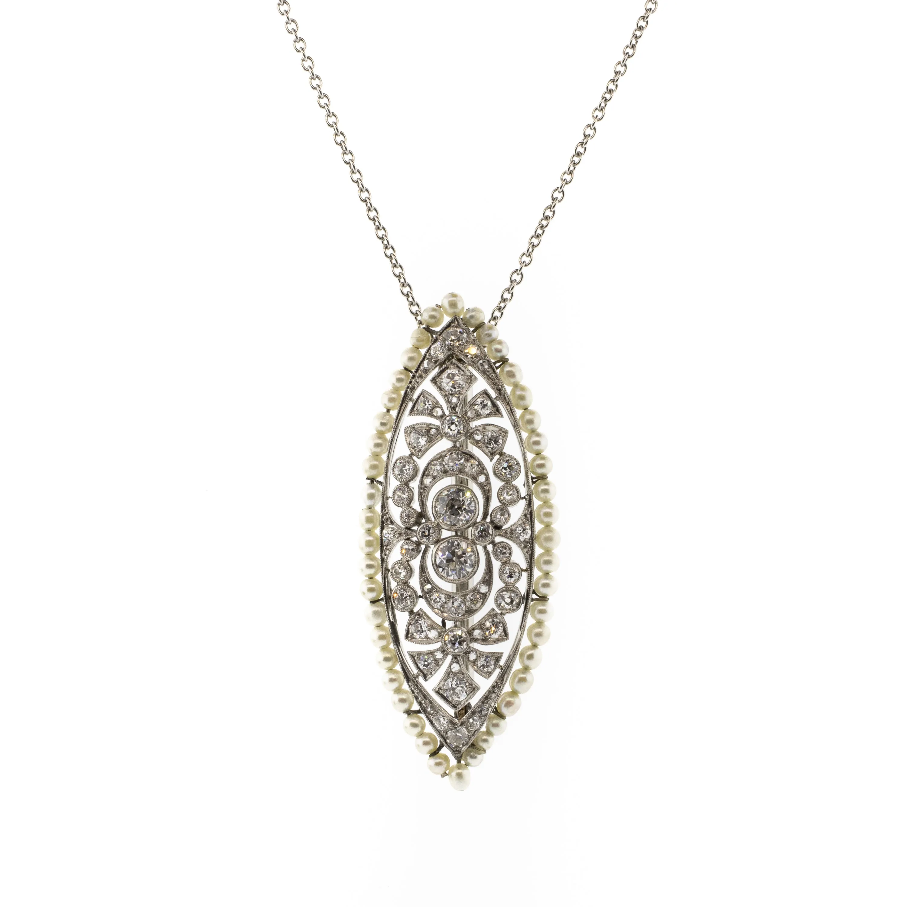 Art Deco Diamond & Pearl Platinum & Yellow Gold Brooch Necklace