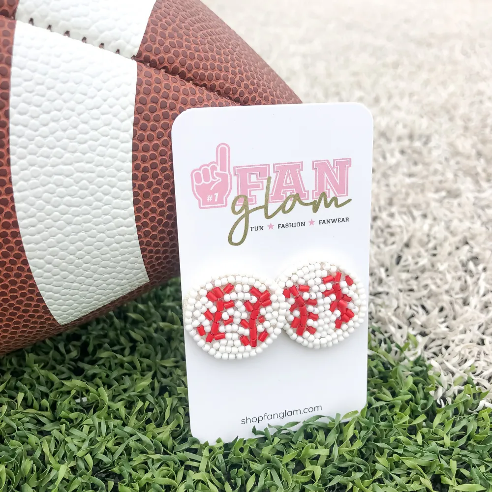 BASEBALL BEADED STUD EARRINGS WHITE