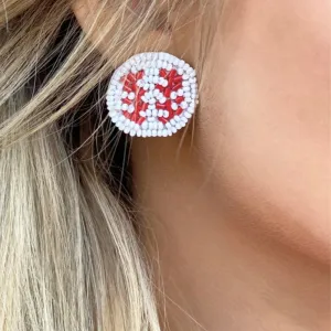 BASEBALL BEADED STUD EARRINGS WHITE