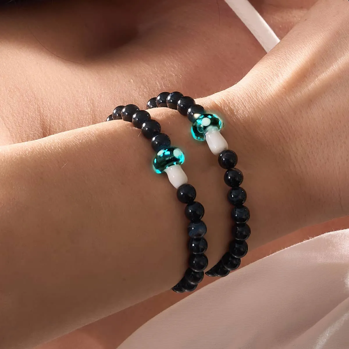 Black Agate | .925 Sterling Silver | Firefly Glass Mushroom Gemstone Bracelet