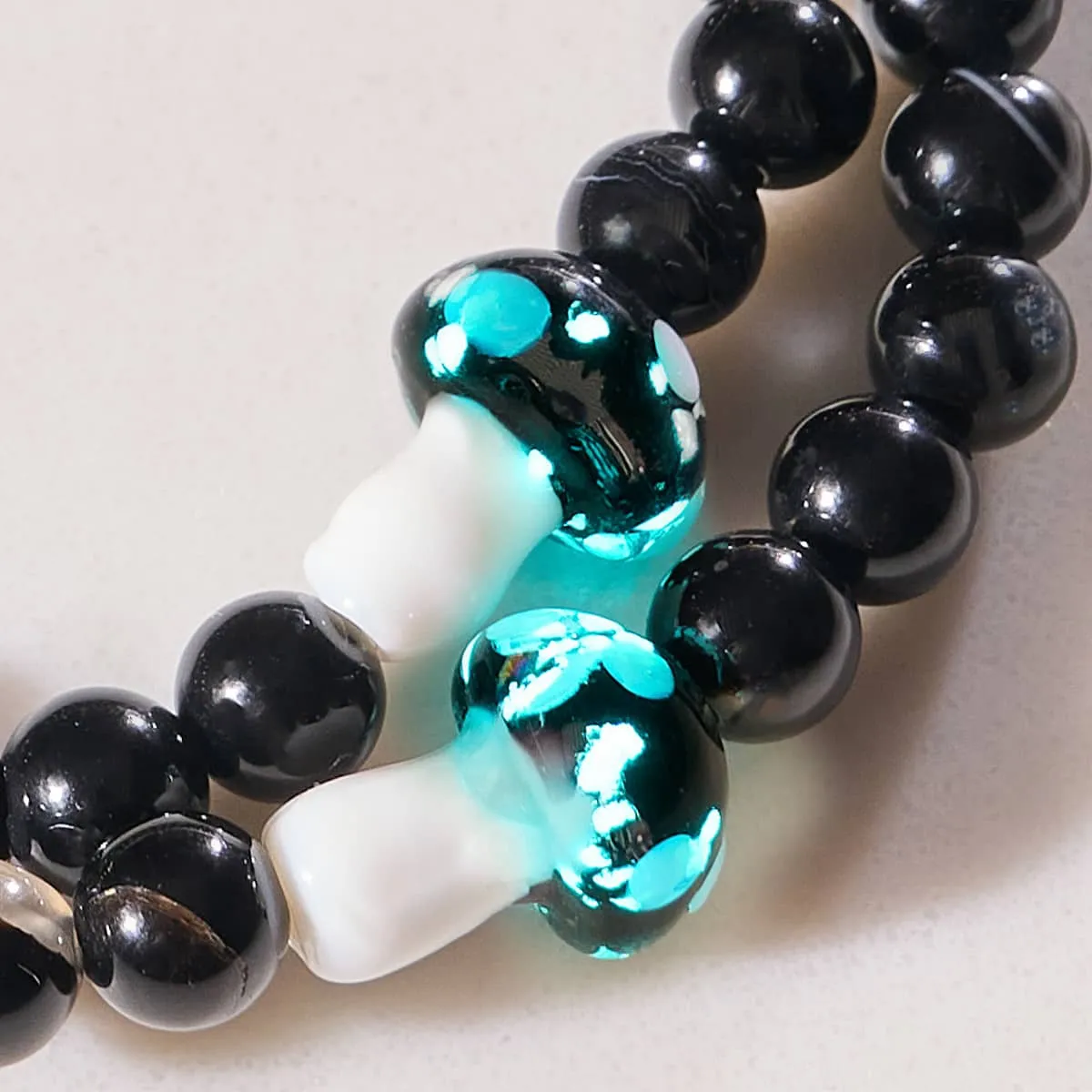 Black Agate | .925 Sterling Silver | Firefly Glass Mushroom Gemstone Bracelet