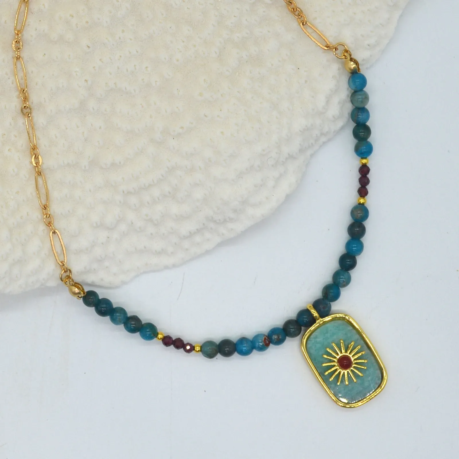 Blaze Amazonite, Apatite and Garnet Pendant Necklace
