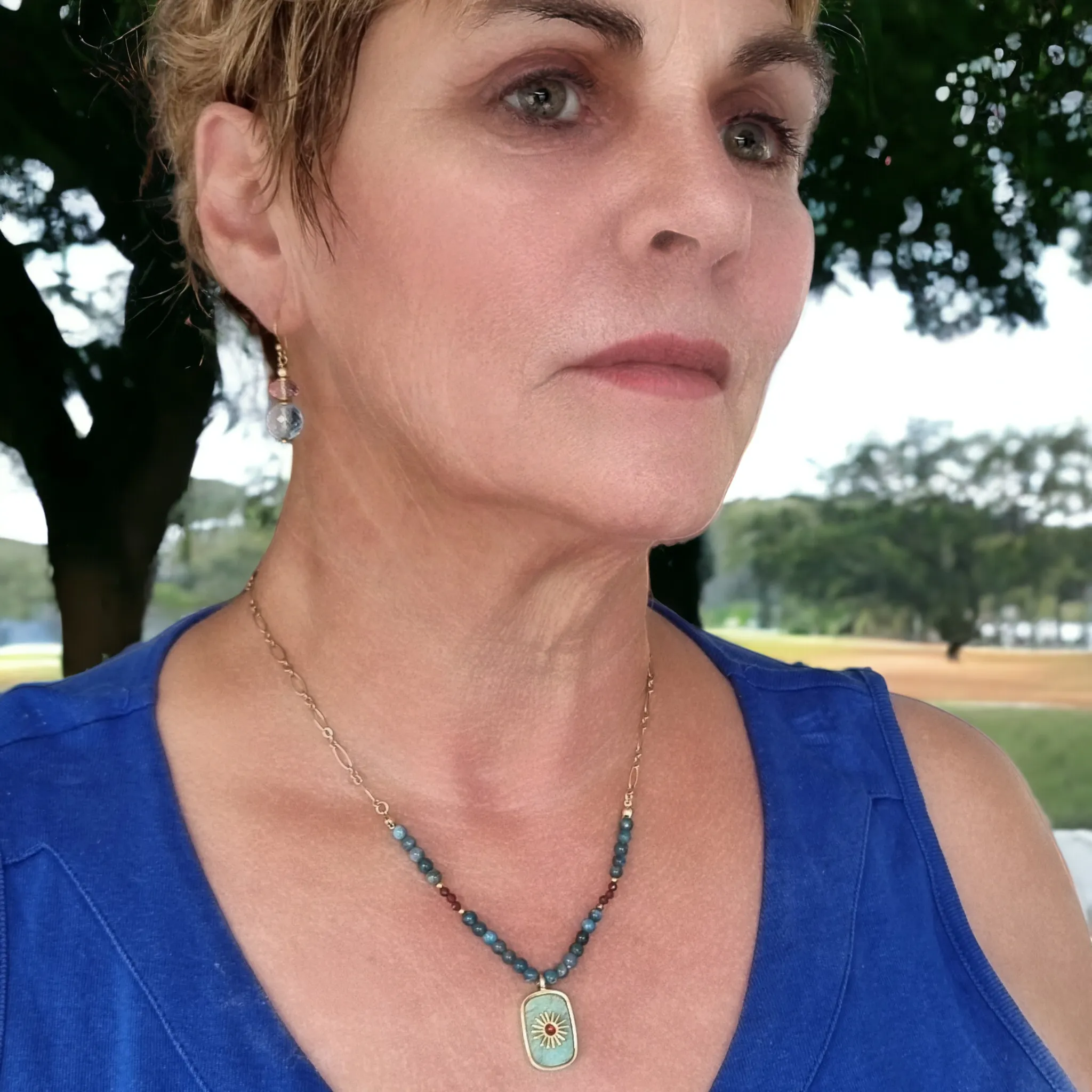 Blaze Amazonite, Apatite and Garnet Pendant Necklace