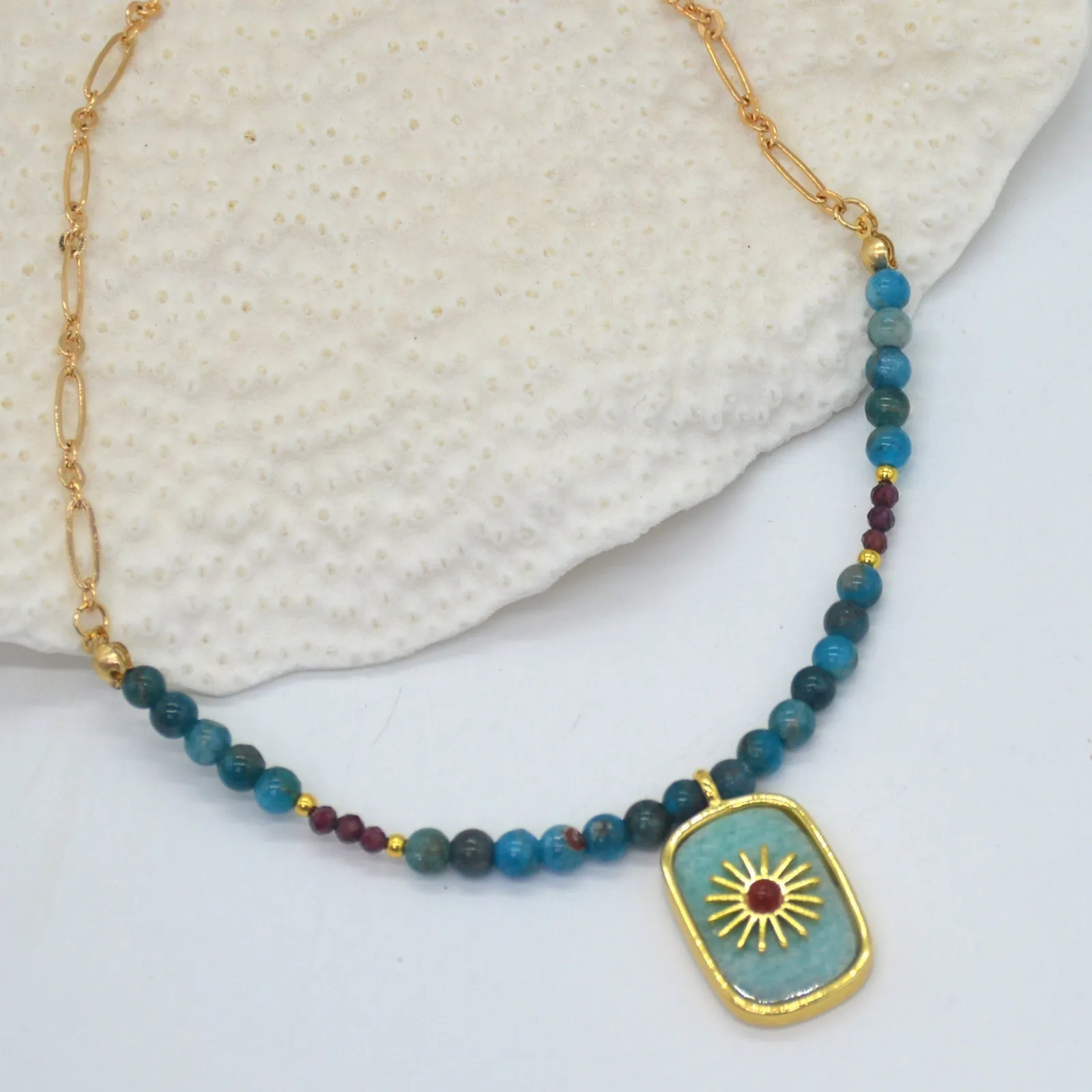 Blaze Amazonite, Apatite and Garnet Pendant Necklace