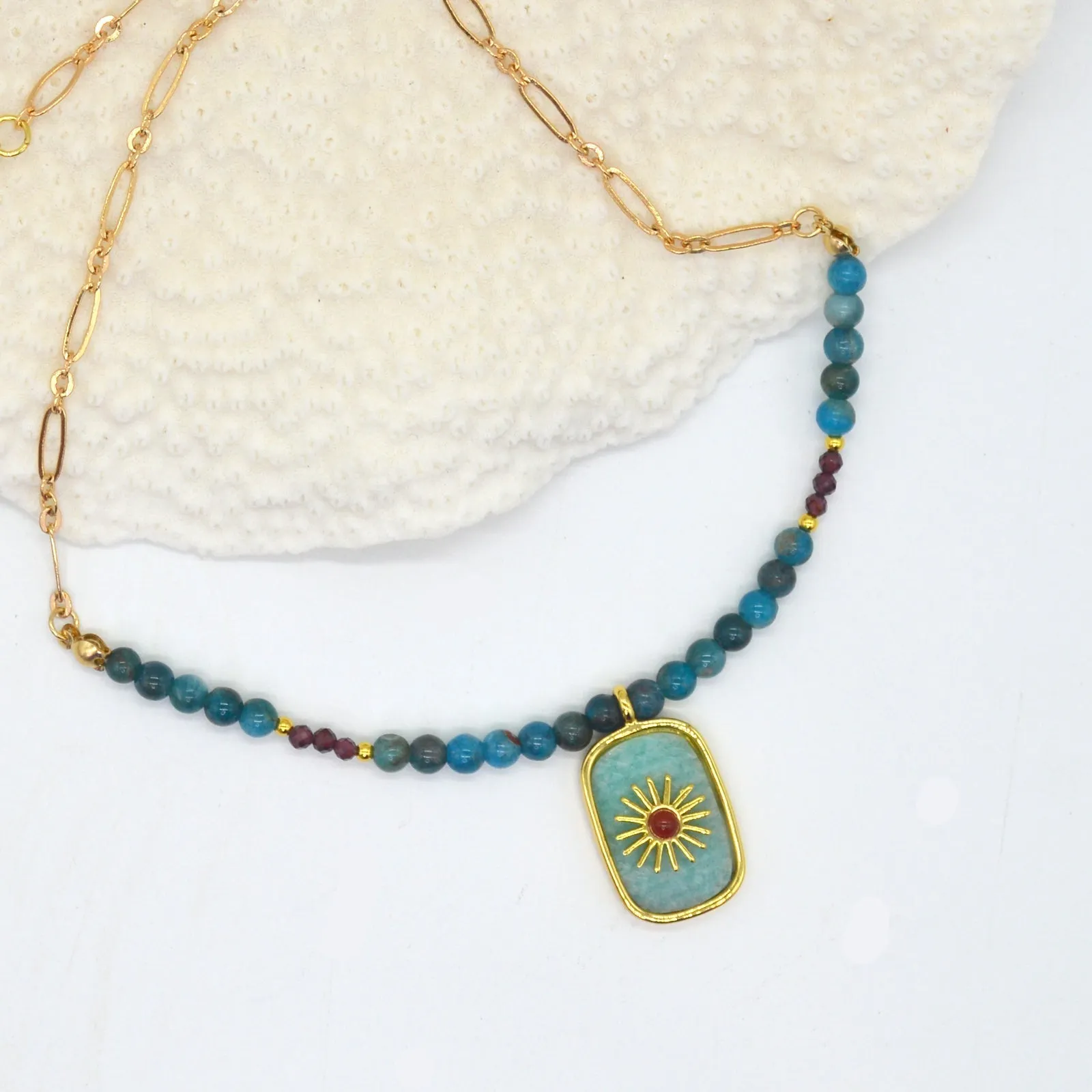 Blaze Amazonite, Apatite and Garnet Pendant Necklace
