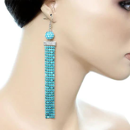 Blue Sparkle Mesh Fireball Dangle Earrings