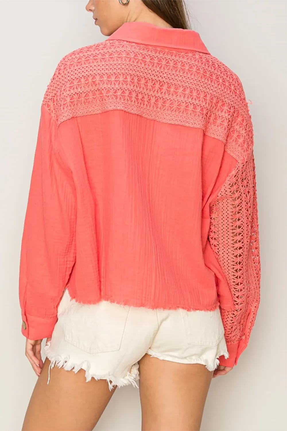 Boho Button Front Crochet Lace Cotton Gauze Shirt Boutique Top
