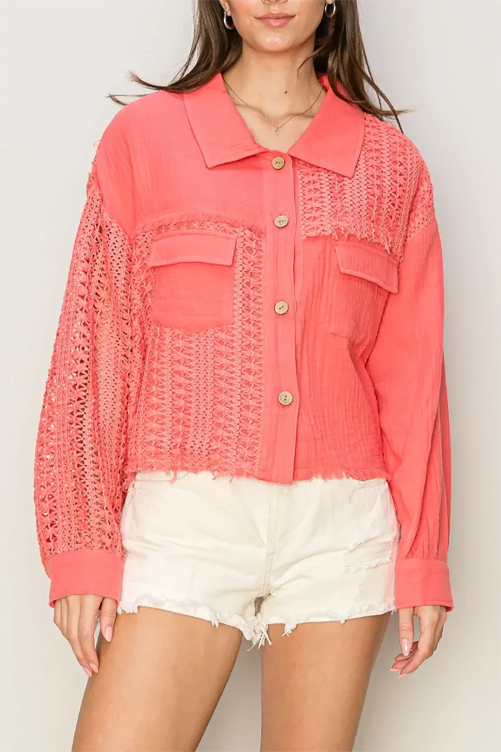 Boho Button Front Crochet Lace Cotton Gauze Shirt Boutique Top
