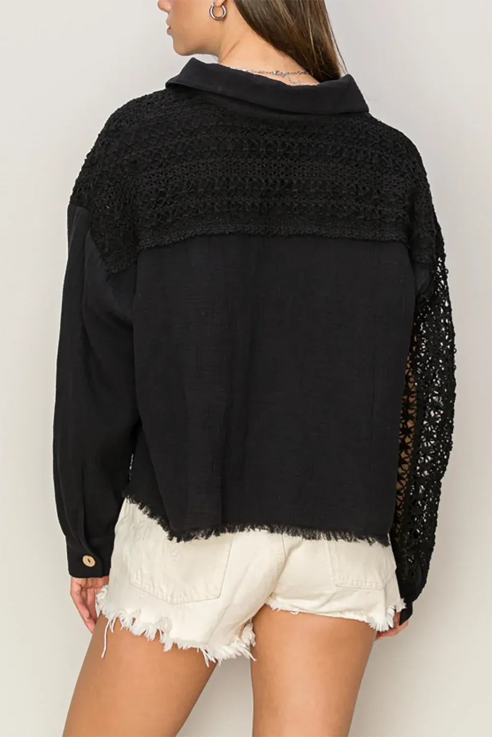 Boho Button Front Crochet Lace Cotton Gauze Shirt Boutique Top