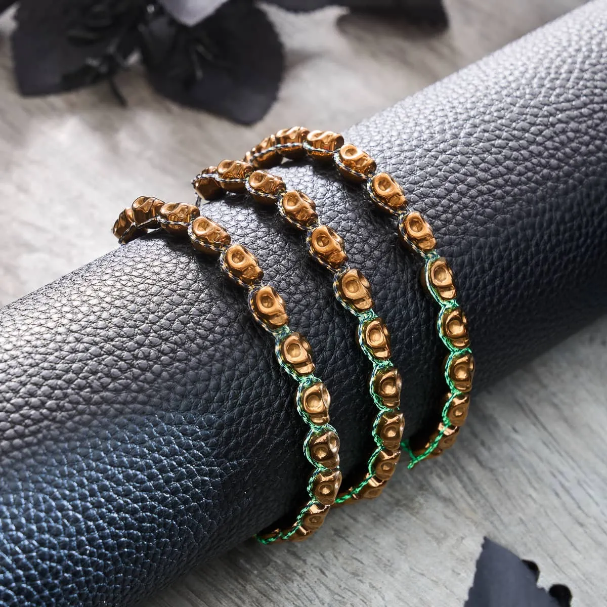 Bronze Bewitchment | Bronze Skulls x Black GloWeave | Macrame Bracelet
